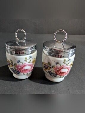 Royal Worcester Large Egg Coddler Porcelain Chrome Lid Evesham Peaches Berries